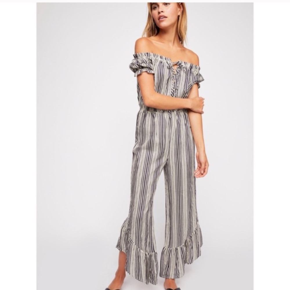 Free People Washed Ashore Navy Striped Jumpsuit